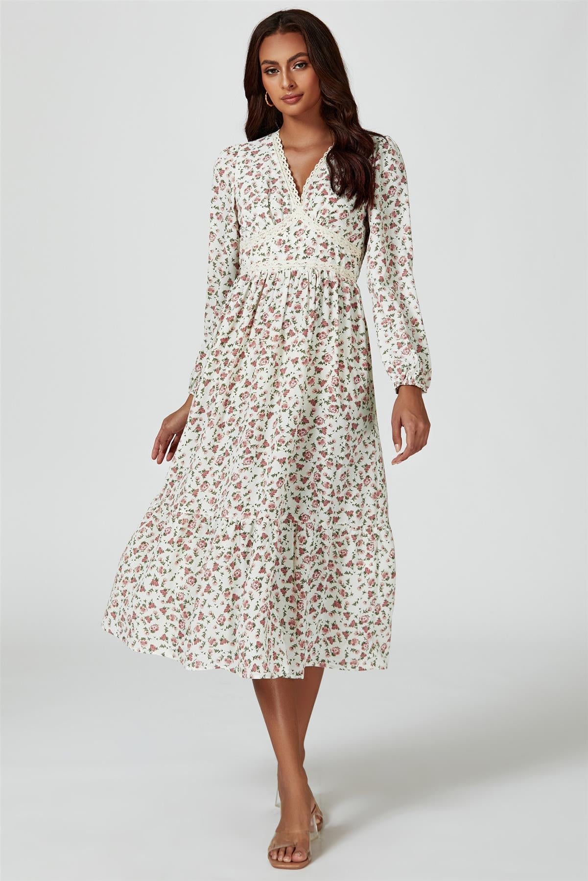 Floral Print Long Sleeve Midi Dress In White