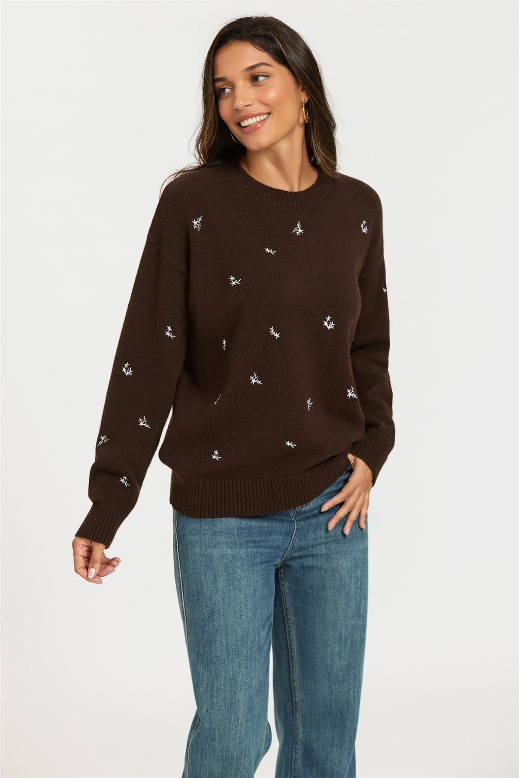 Embroidered Floral Knit Jumper Top In Brown
