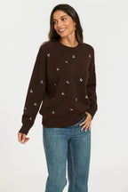 Embroidered Floral Knit Jumper Top In Brown