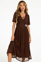 Flutter Sleeve Mesh Midi Dress In Brown