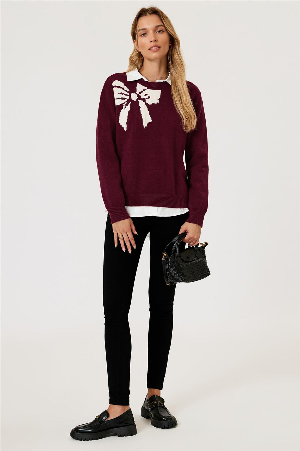 Bowknot Pattern On Shoulder Knit Jumper Top In Wine