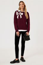 Bowknot Pattern On Shoulder Knit Jumper Top In Wine