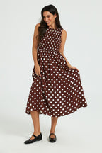 Dot Print Tie Back Sleeveless Shirred Top Midi Dress Brown