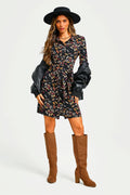 Leaf Print Tie Front Mini Shirt Dress In Black