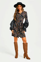 Leaf Print Tie Front Mini Shirt Dress In Black