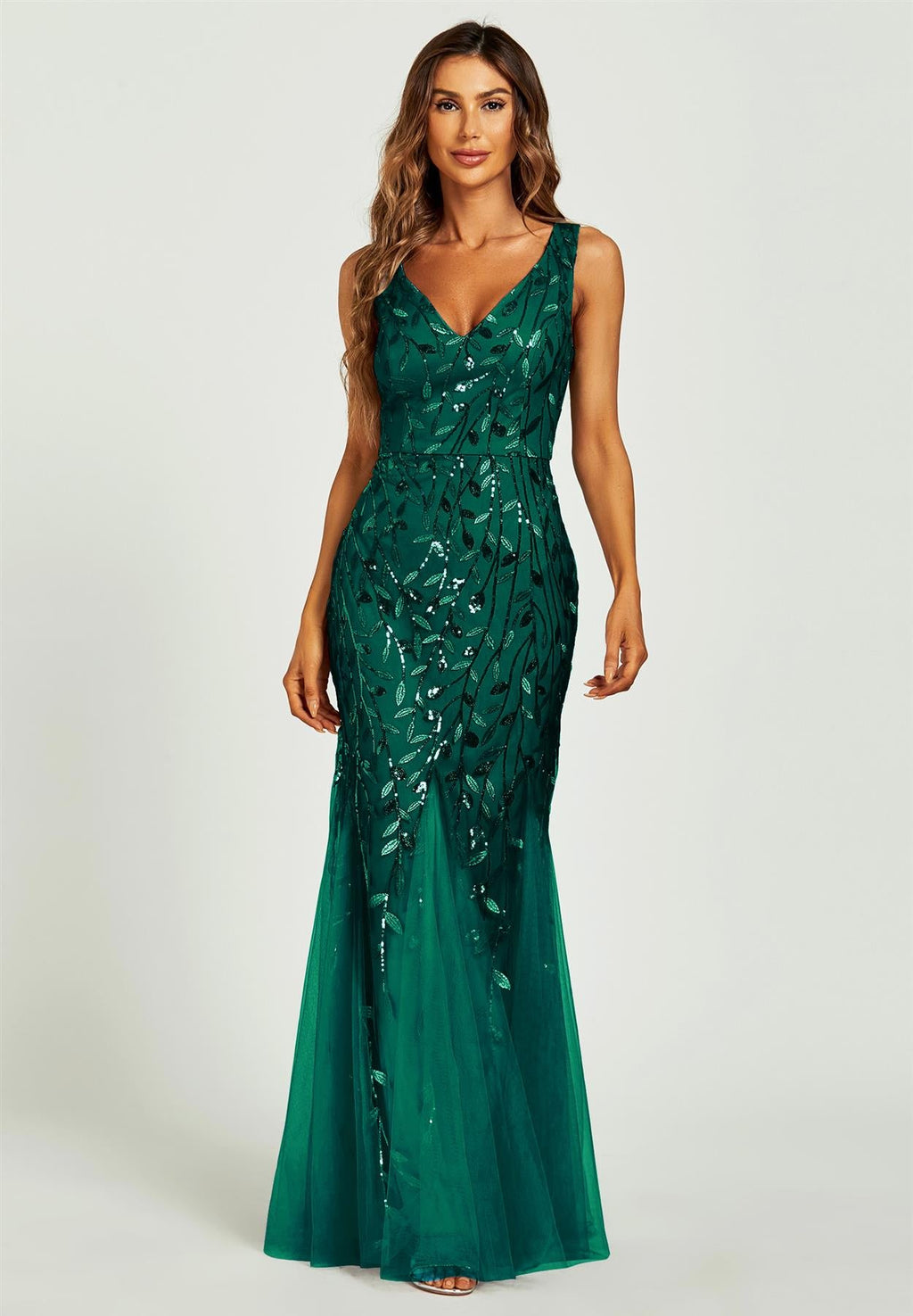Sequin Leaf Detailed V Neck Bridesmaid Maxi Dress In Green