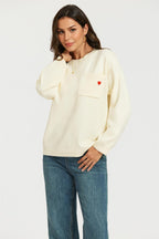 Heart Embroidered Knit Jumper Top In Cream
