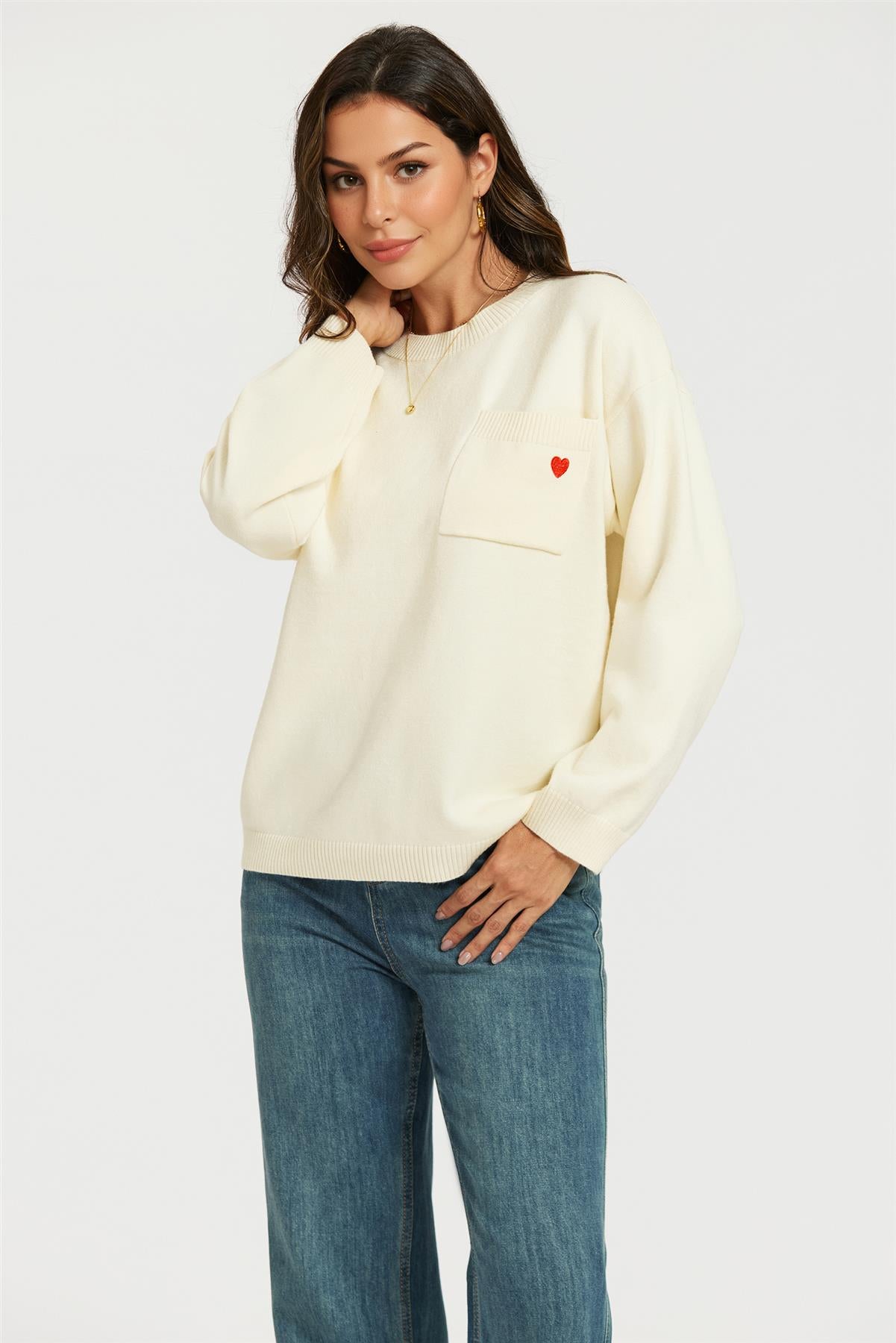 Heart Embroidered Knit Jumper Top In Cream