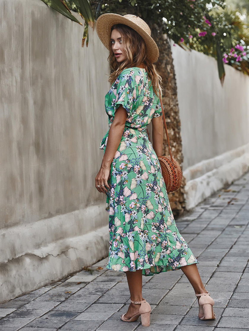 Summer Wrap Midi Dress In Mint Floral Print