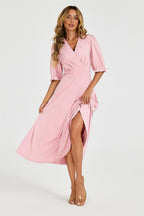 Half Sleeves Jersey Midi Dress with Wrap Neckline In Dusty Blush