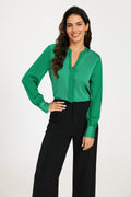 Long Sheer Sleeve Satin Notch Neck Blouse Top In Green