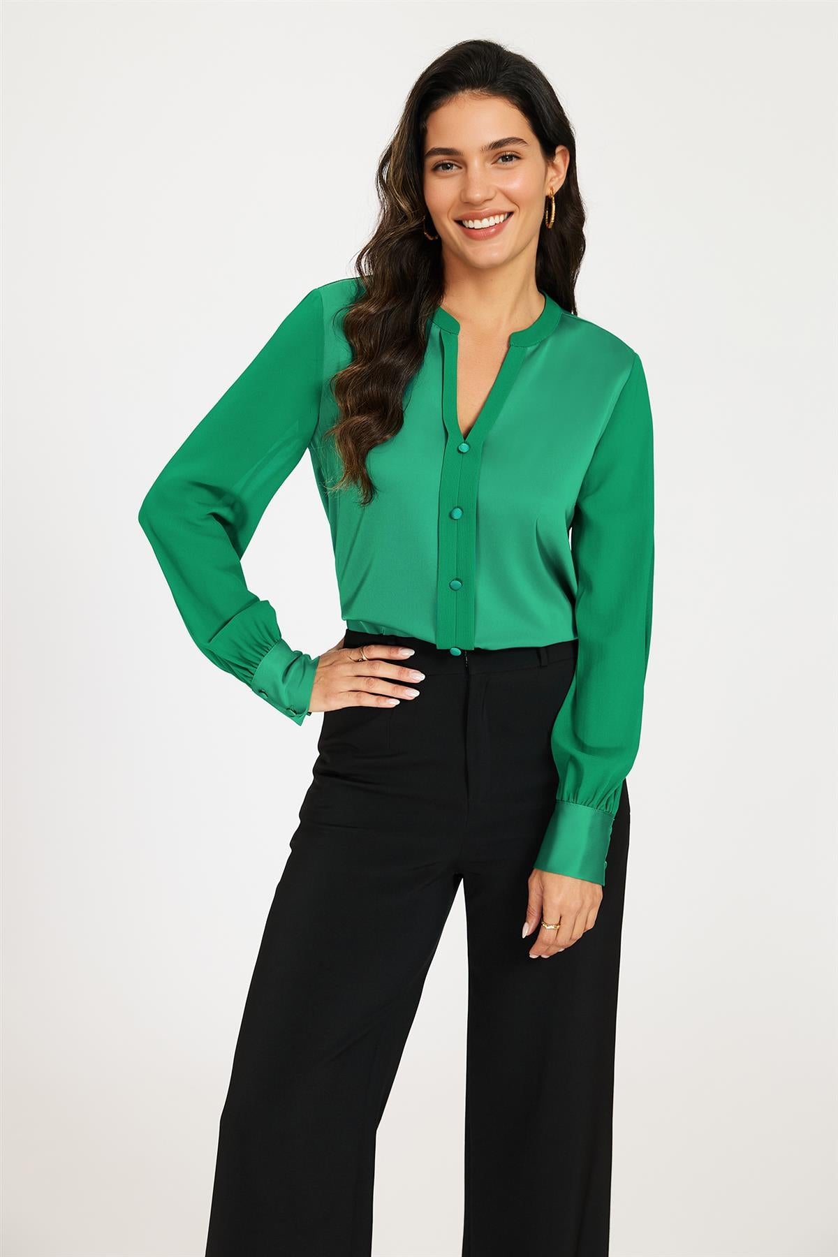 Long Sheer Sleeve Satin Notch Neck Blouse Top In Green
