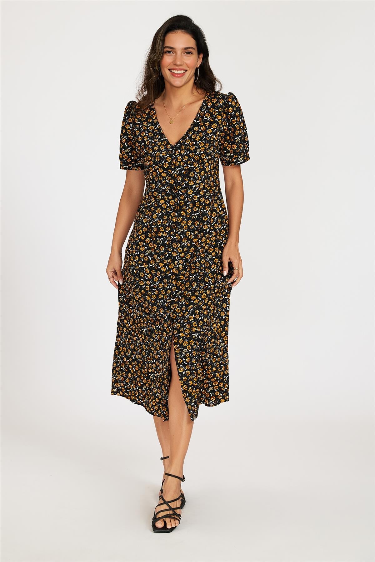 Floral Print Button Front Puff Sleeve Midi Dress In Black