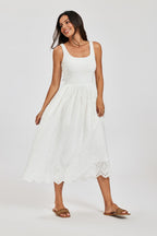 Sleeveless Jersey Top Broderie Midi Dress In White