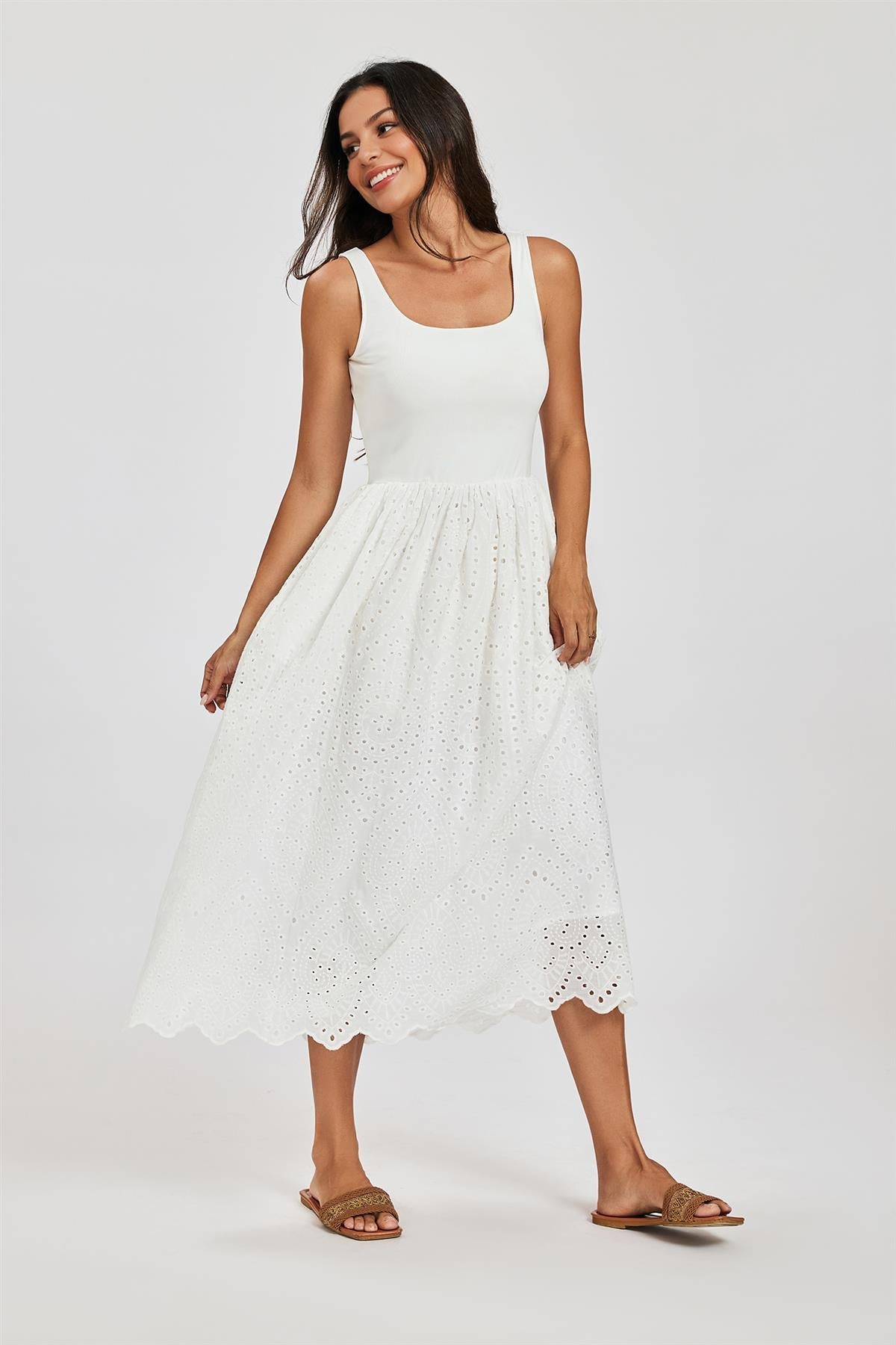 Sleeveless Jersey Top Broderie Midi Dress In White