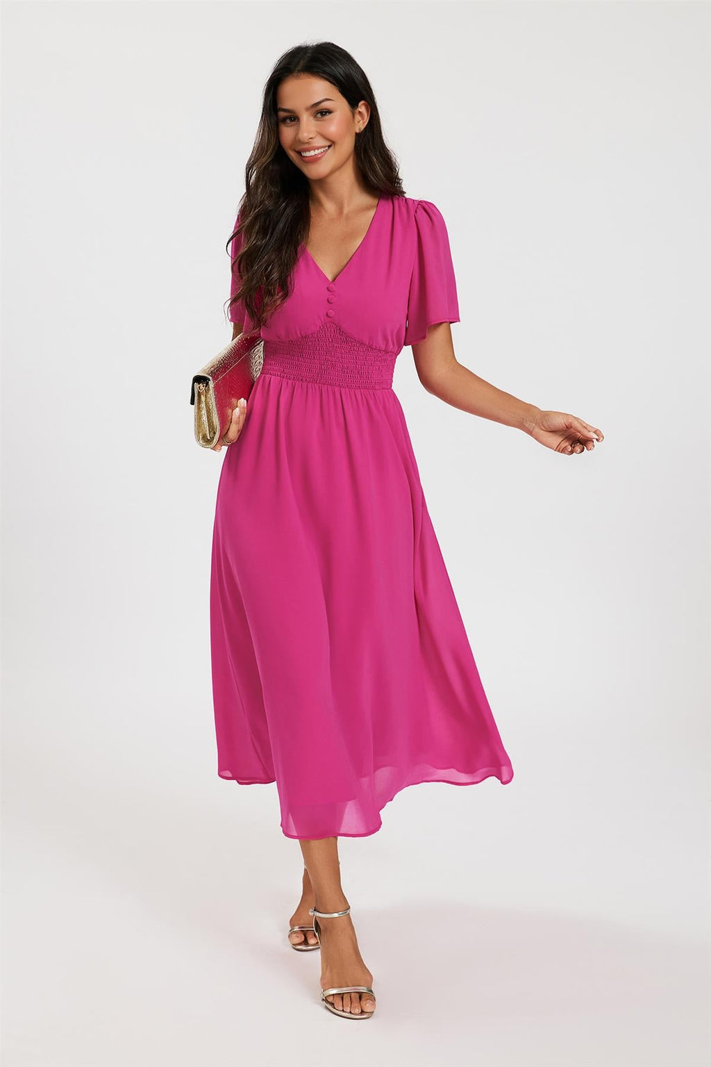 Fuchsia V Neckline Shirred Waist Midi Dress