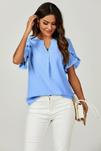 Frill Trim Detail Short Sleeve Blouse Top In Light Blue