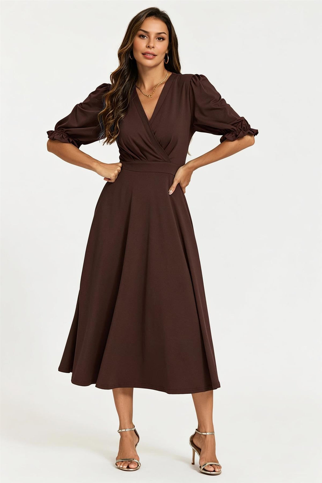 Half Sleeves Jersey Midi Dress with Wrap Neckline In Chocolate