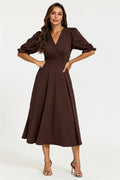 Half Sleeves Jersey Midi Dress with Wrap Neckline In Chocolate