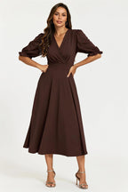 Half Sleeves Jersey Midi Dress with Wrap Neckline In Chocolate