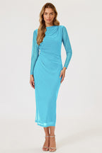 Long Sleeves Mesh Midi Dress In Aqua