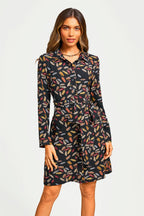 Leaf Print Tie Front Mini Shirt Dress In Black