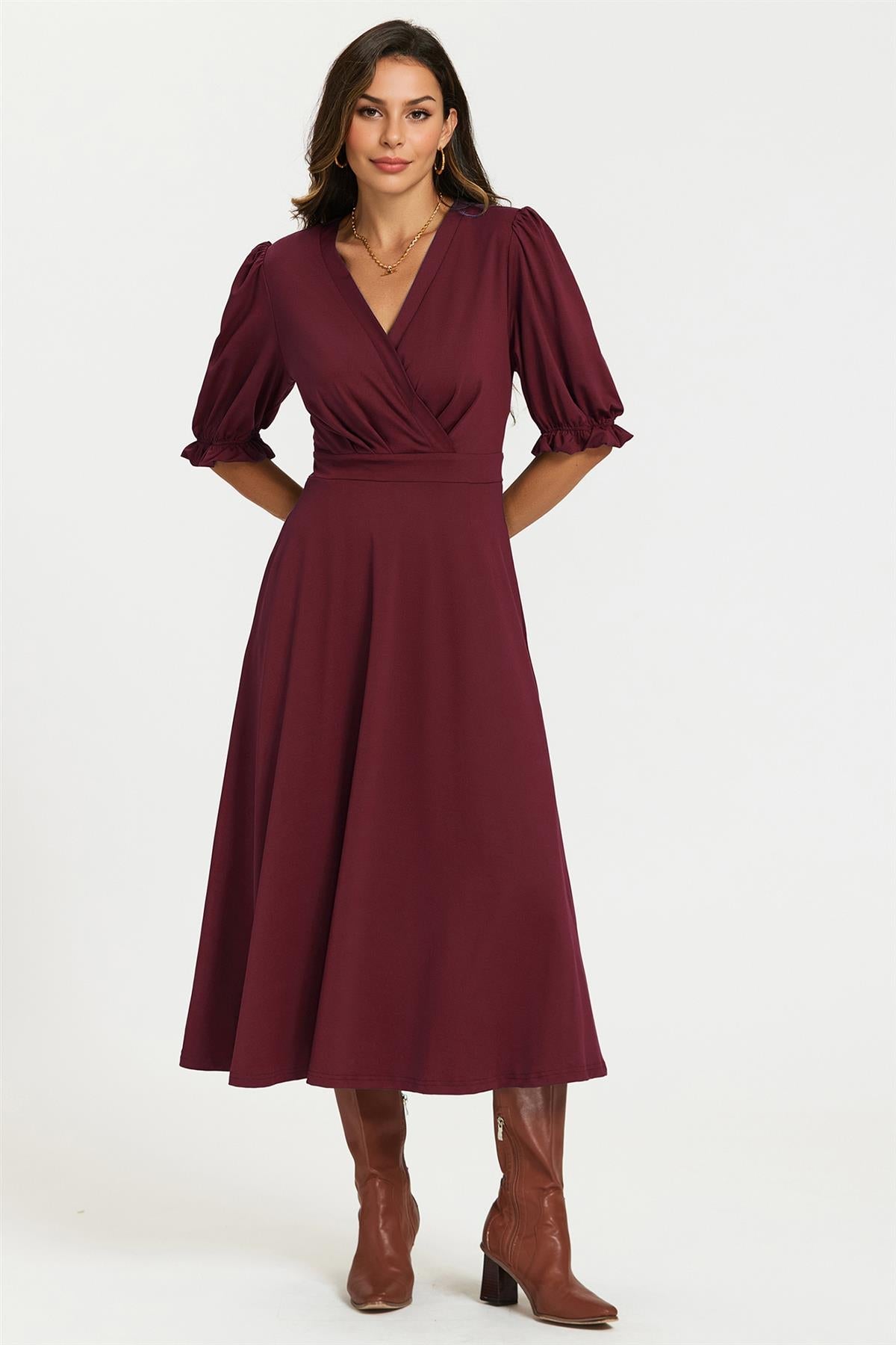 Half Sleeves Jersey Midi Dress with Wrap Neckline In Wine