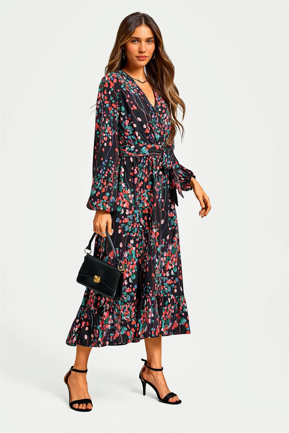 Abstract Floral Print Long Sleeve V Neck Wrap Top Midi Dress In Black