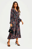 Robe midi cache-cœur noire à col en V et manches longues, imprimé floral abstrait