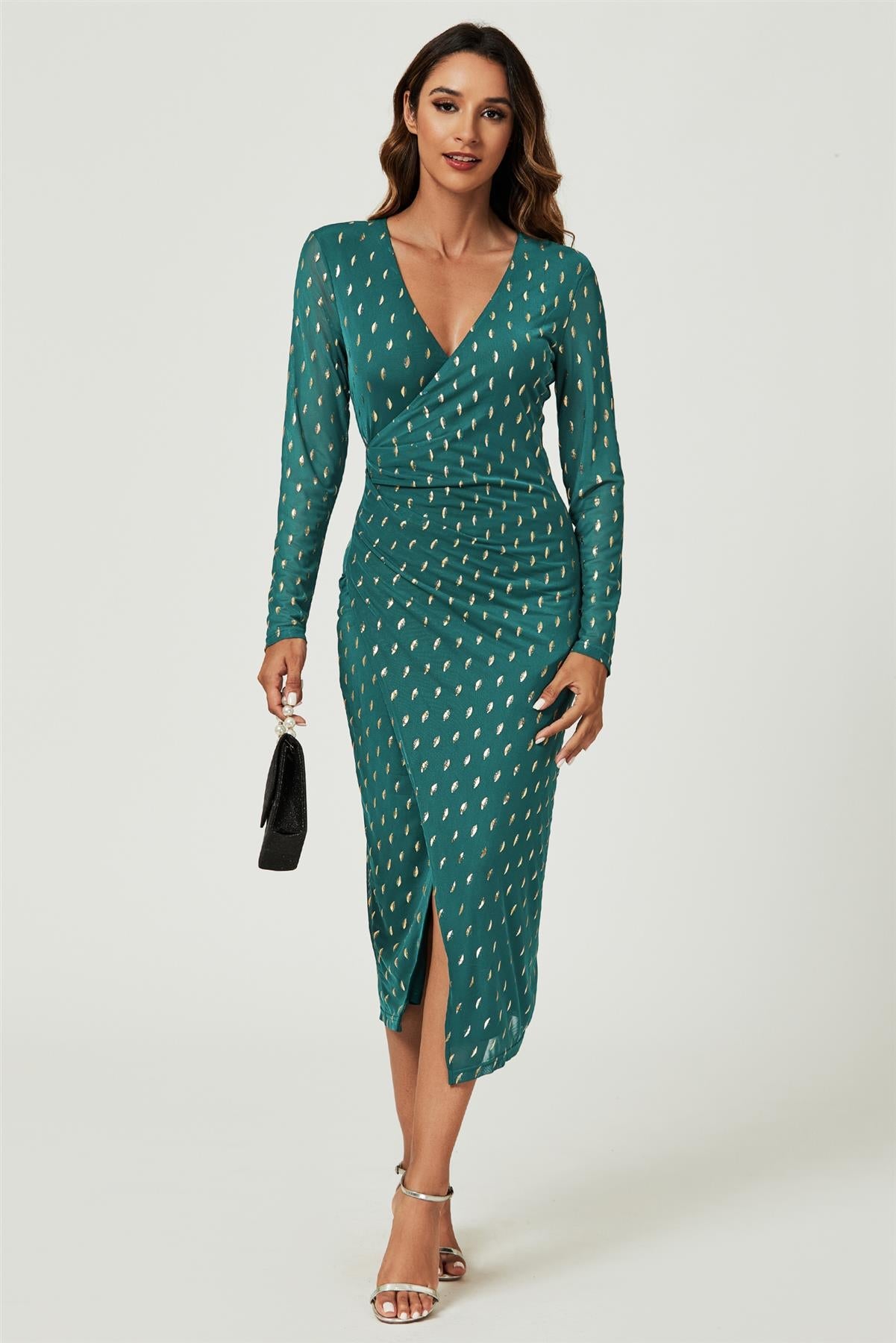Foil Mesh Long Sleeve Midi Dress In Green