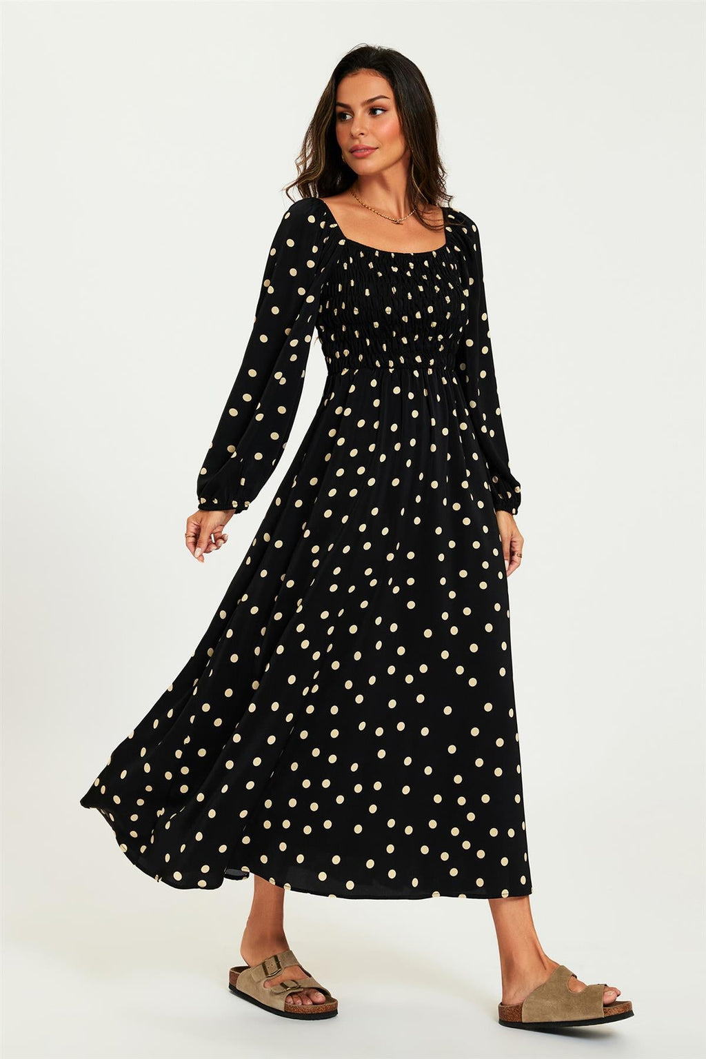 Polka Dot Square Neck Maxi Dress In Black