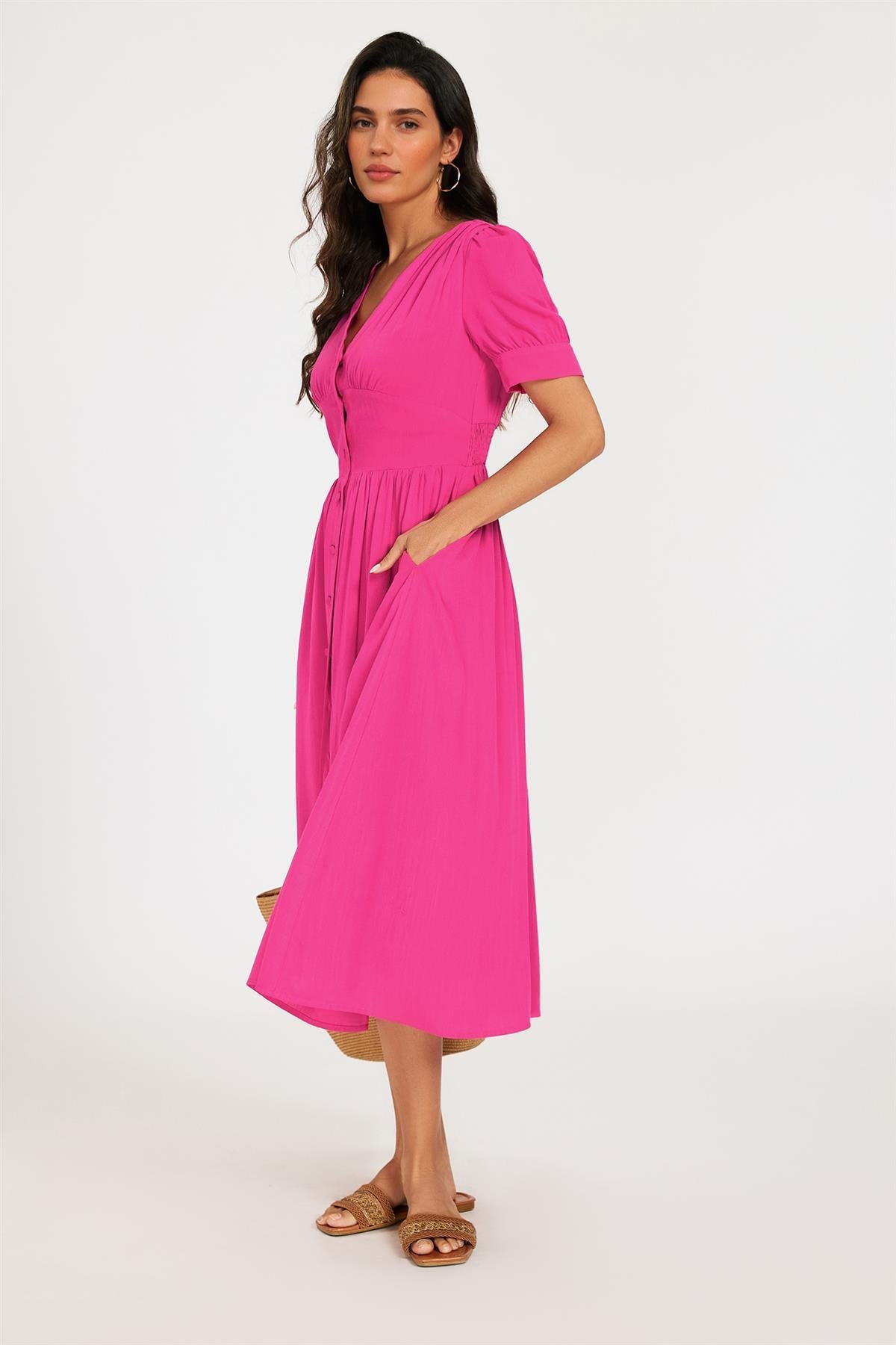 Button Front Short Sleeve Midi Dress In Hot Pink