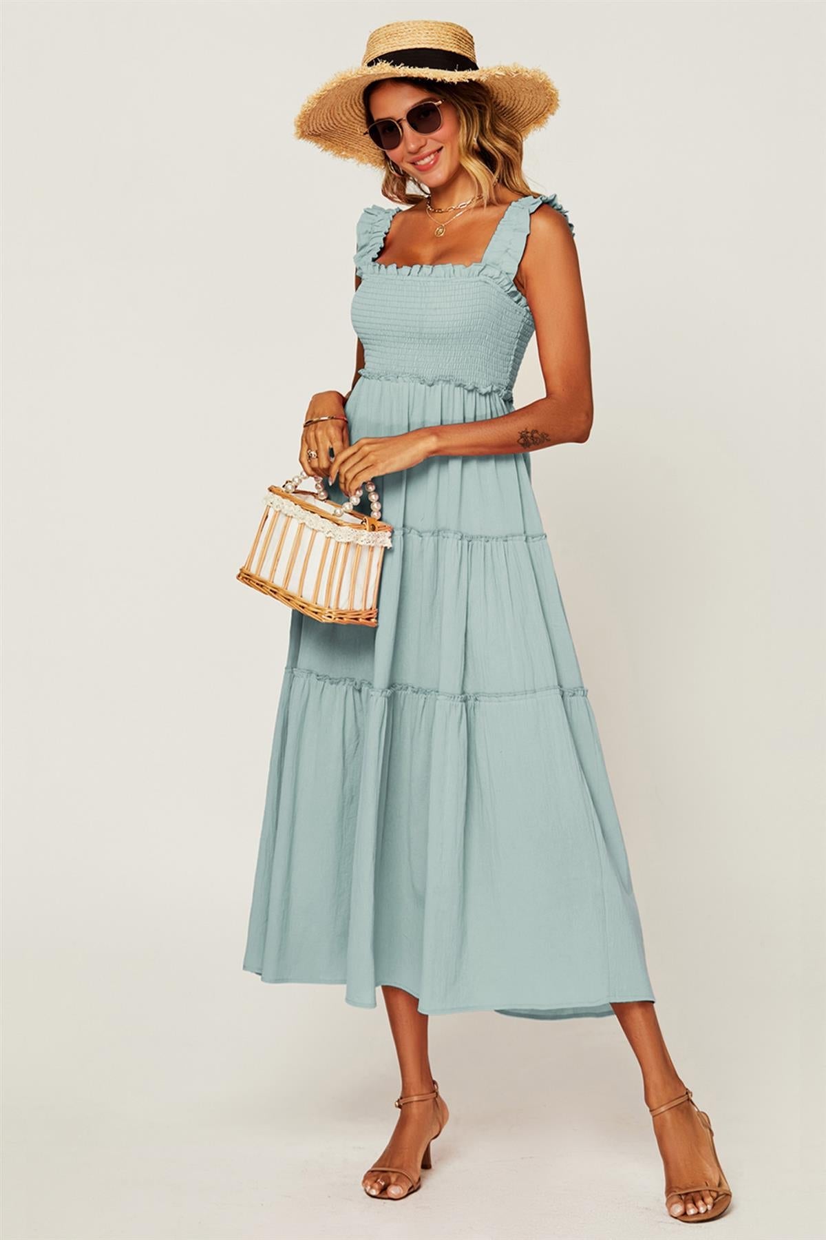 Hem Detail Tiered Maxi Dress In Duck Egg