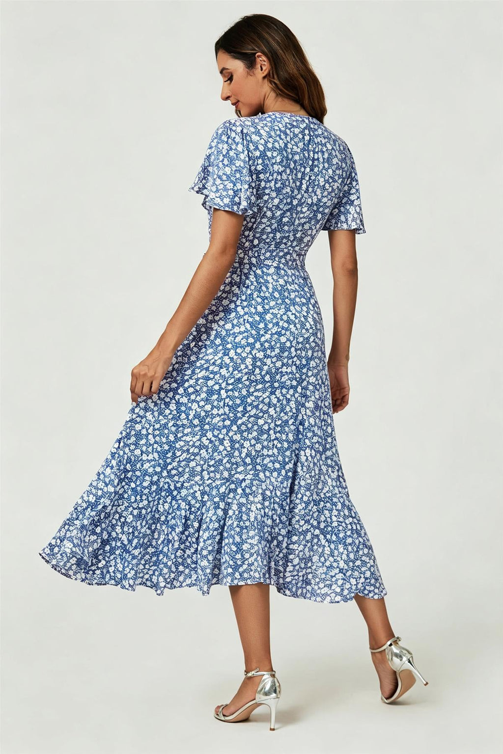 Floral Print Midi Wrap Dress In Blue