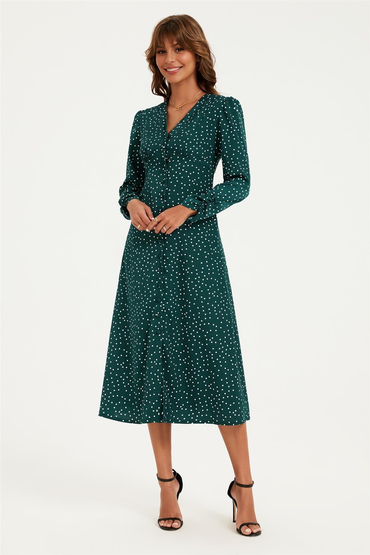 Dot Print Long Sleeve Button Front Midi Dress In Green