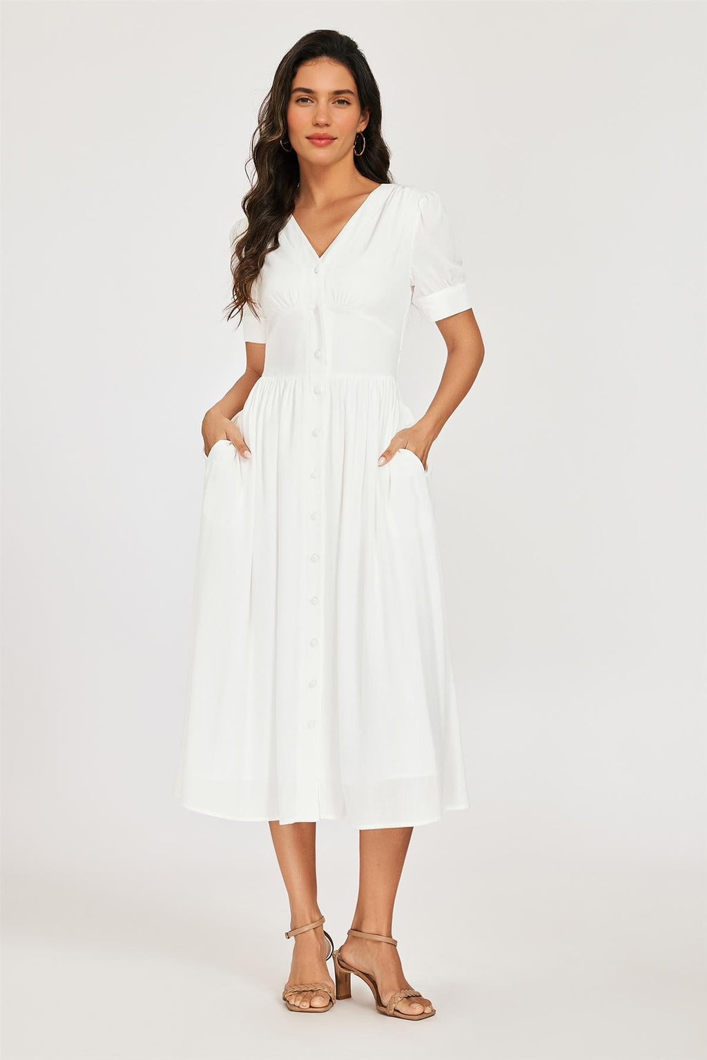 Button Front Short Sleeve Midi Dress In White