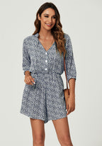 Daisy Floral Print Boho Playsuit With Buttons In Navy