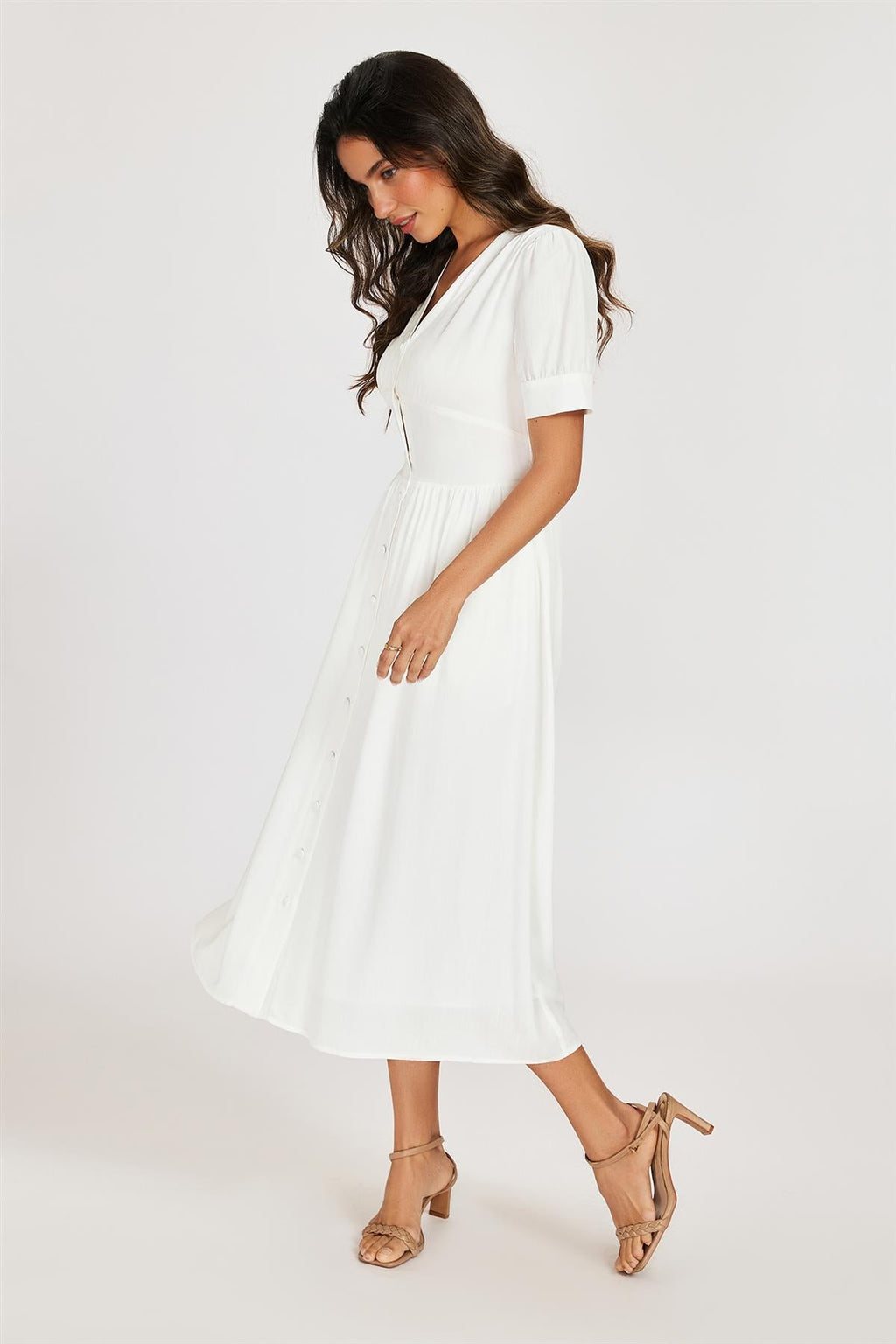 Button Front Short Sleeve Midi Dress In White