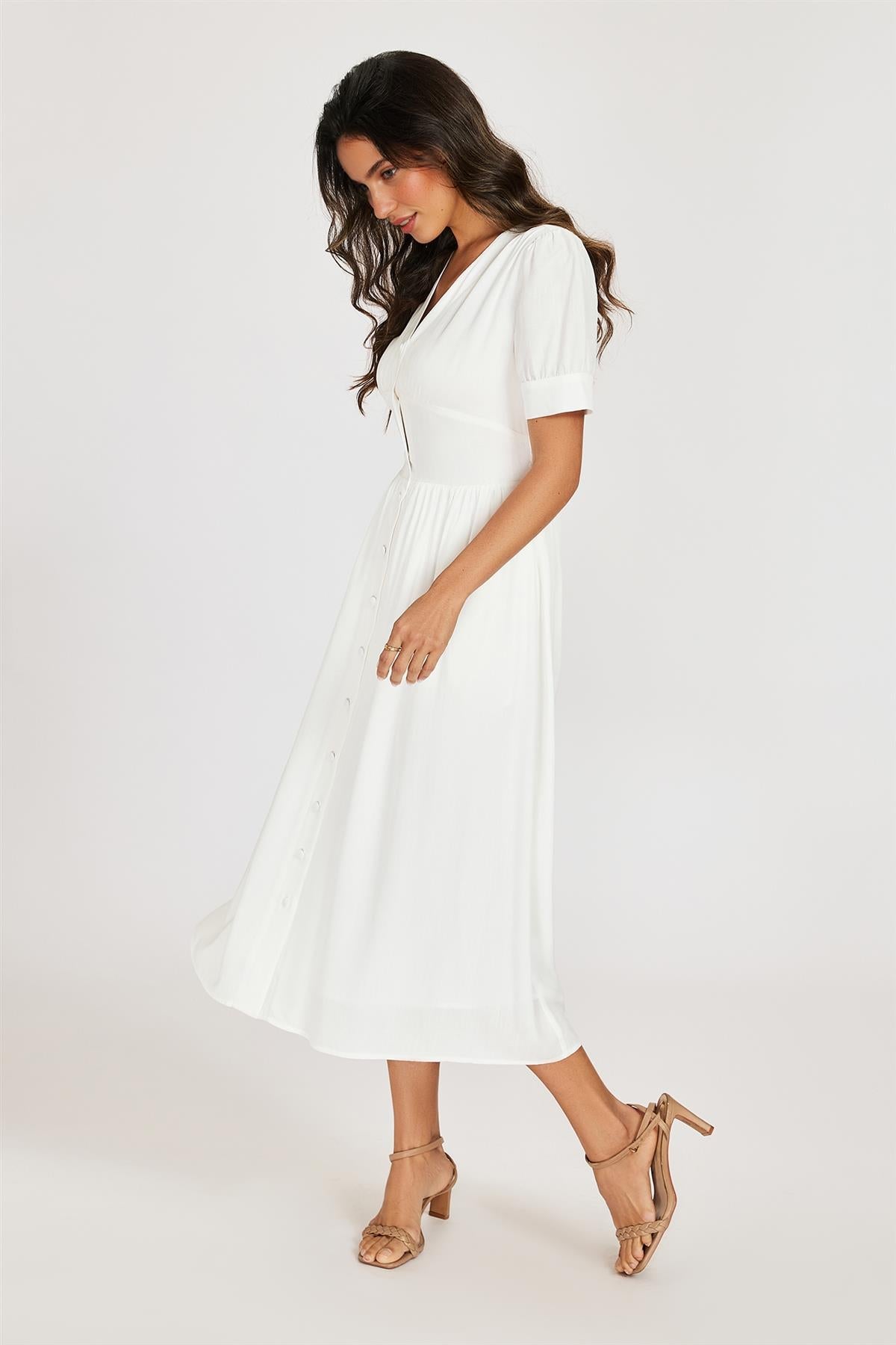 Button Front Short Sleeve Midi Dress In White
