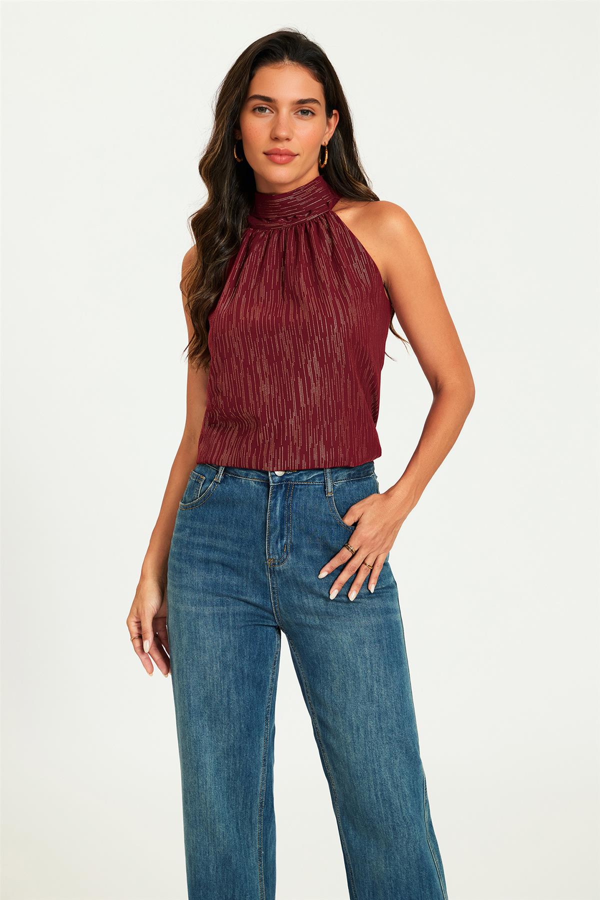 Gold Stripe Foil Halter Neck Tie Back Top In Wine