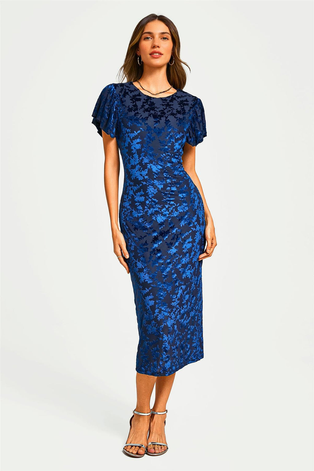 Floral Velvet Devore Puff Sleeve Bodycon Midi Dress In Navy