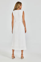 Shirred Midi Dress with Sleeveless V-Neck In White