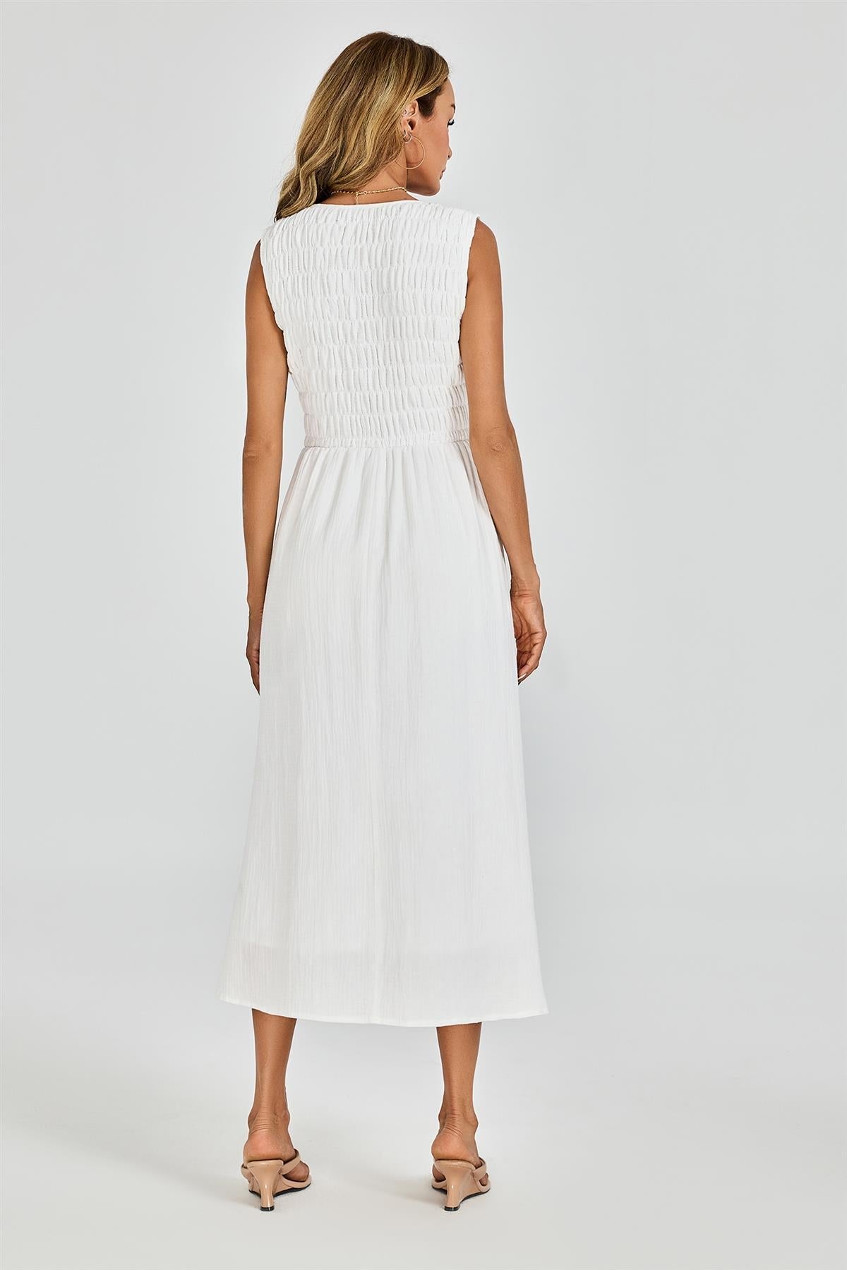 Shirred Midi Dress with Sleeveless V-Neck In White