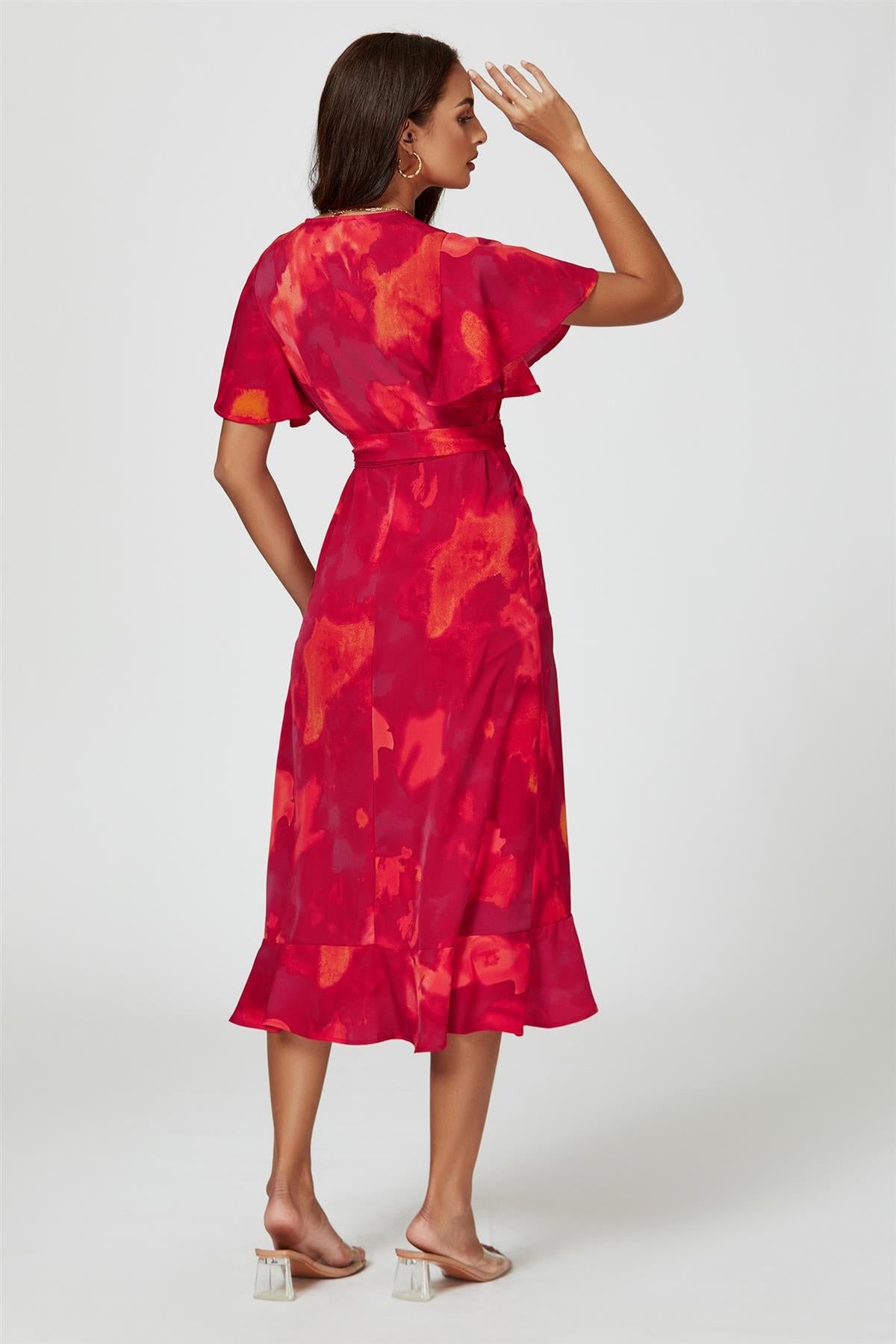 Robe midi portefeuille à manches ange et imprimé abstrait rouge