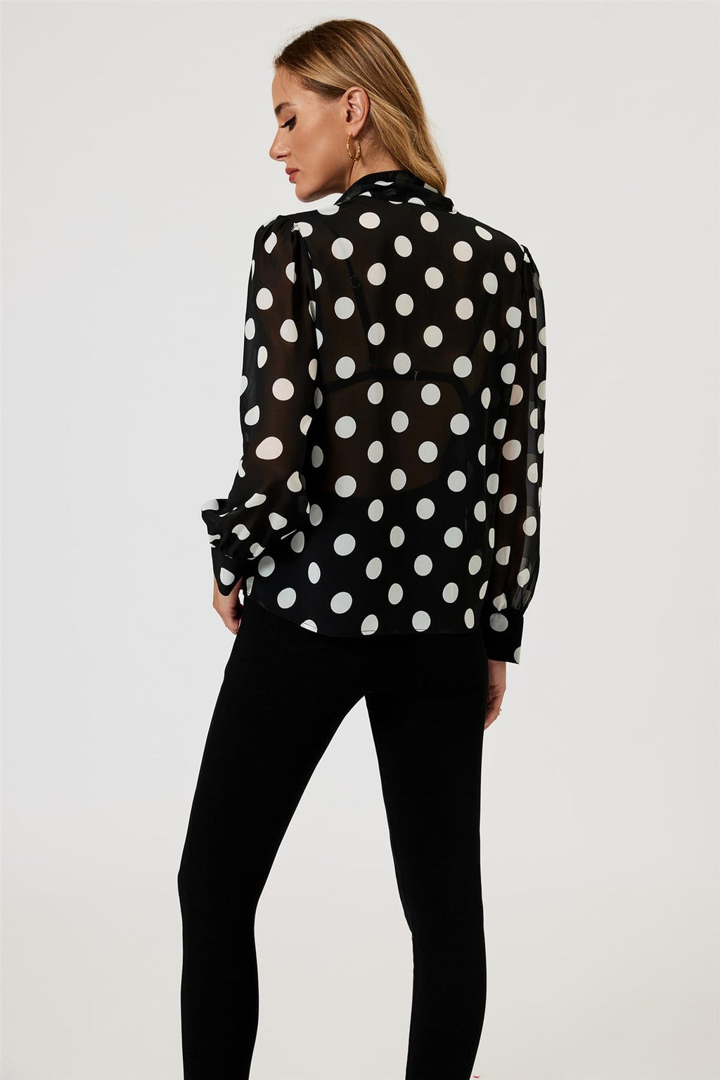 Dot Print Tie Detail long sleeve Blouse Top In Black