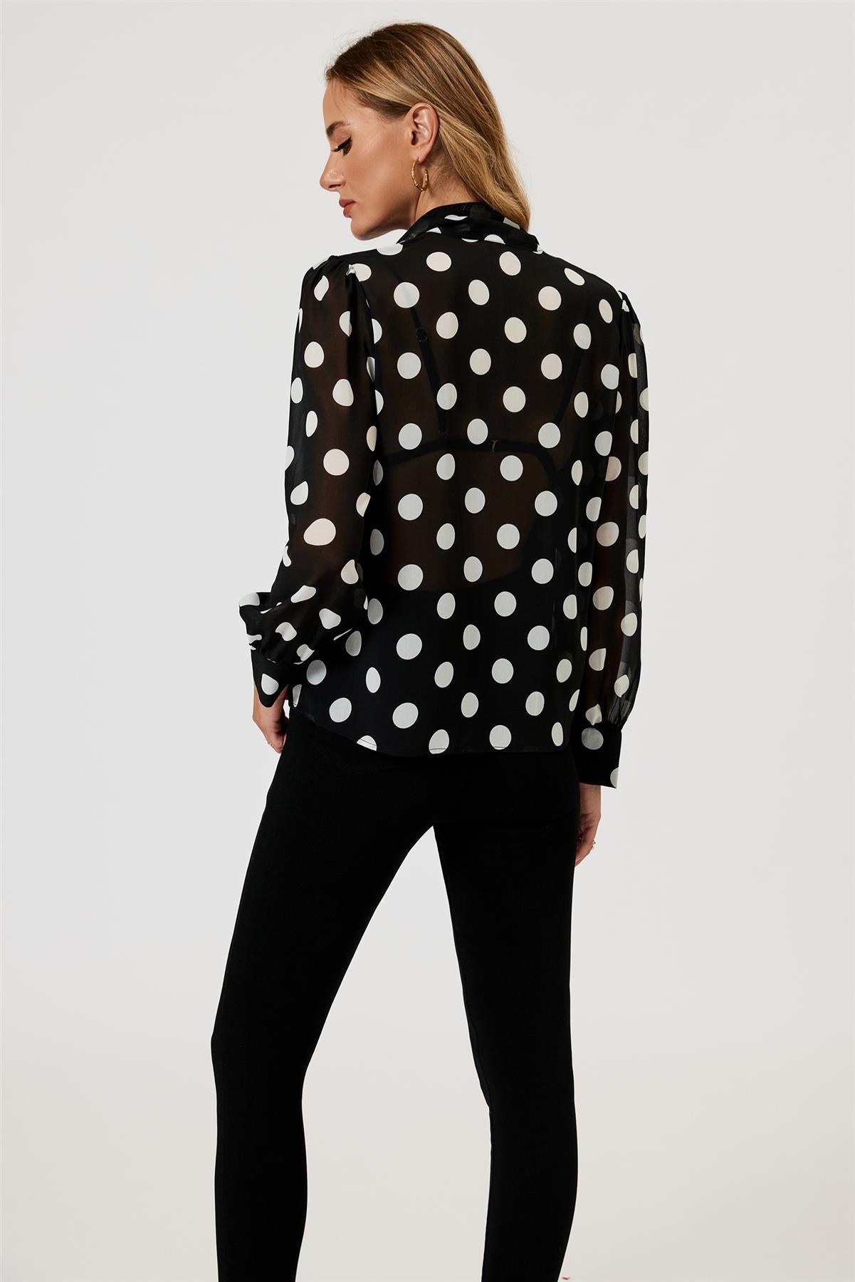 Dot Print Tie Detail long sleeve Blouse Top In Black