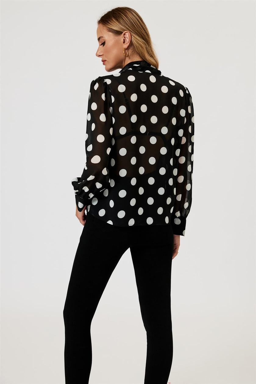 Dot Print Tie Detail long sleeve Blouse Top In Black