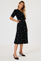 Blue Floral Print Button Front Midi Dress In Black