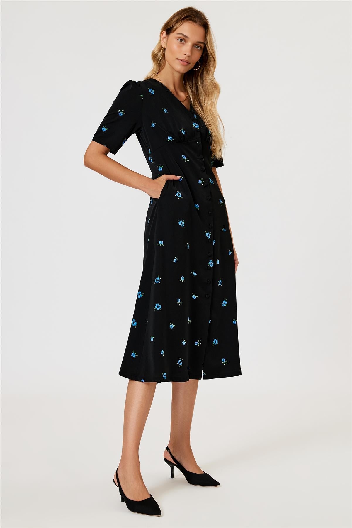 Blue Floral Print Button Front Midi Dress In Black