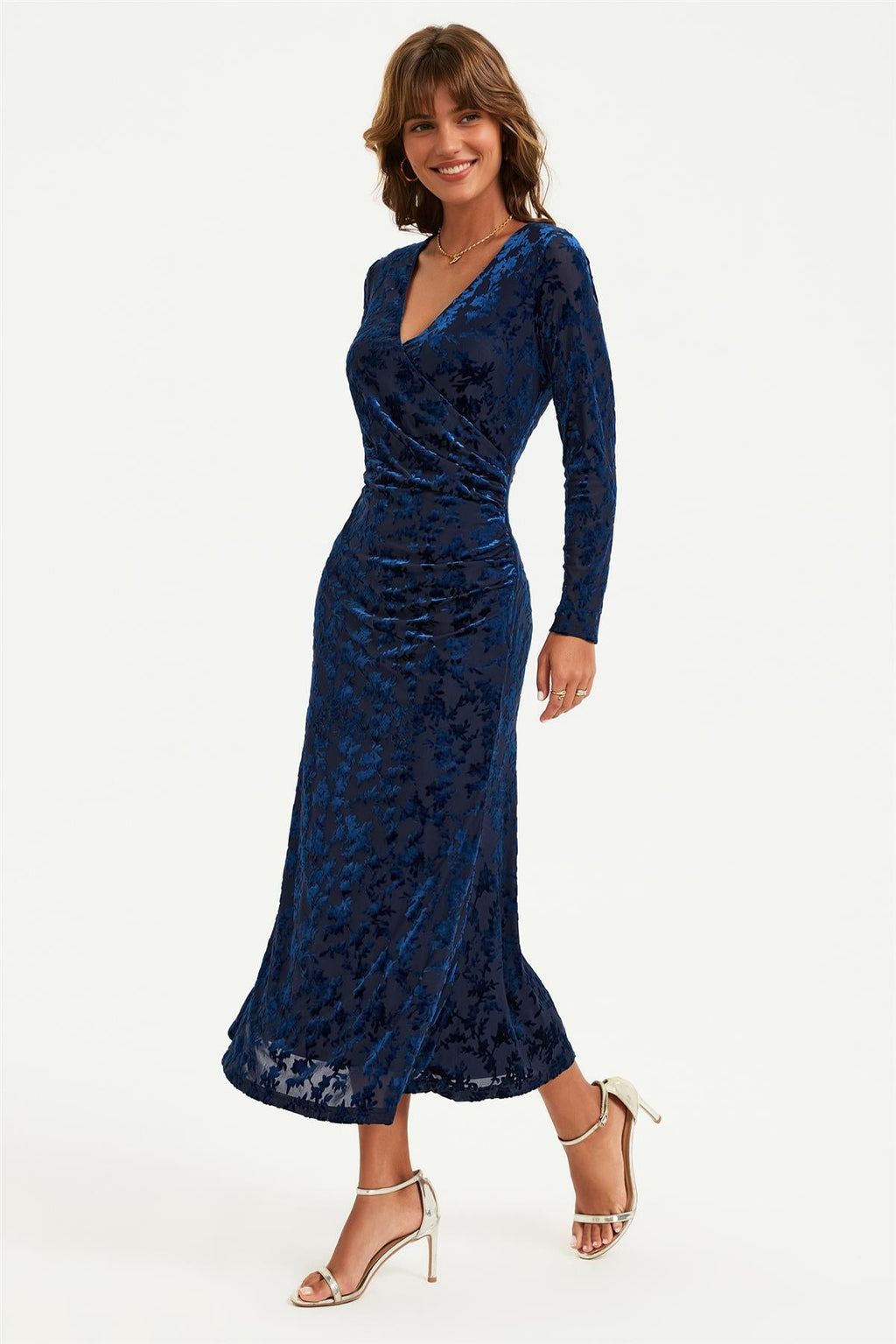 Floral Velvet Devore Long Sleeve Wrap Midi Dress In Navy